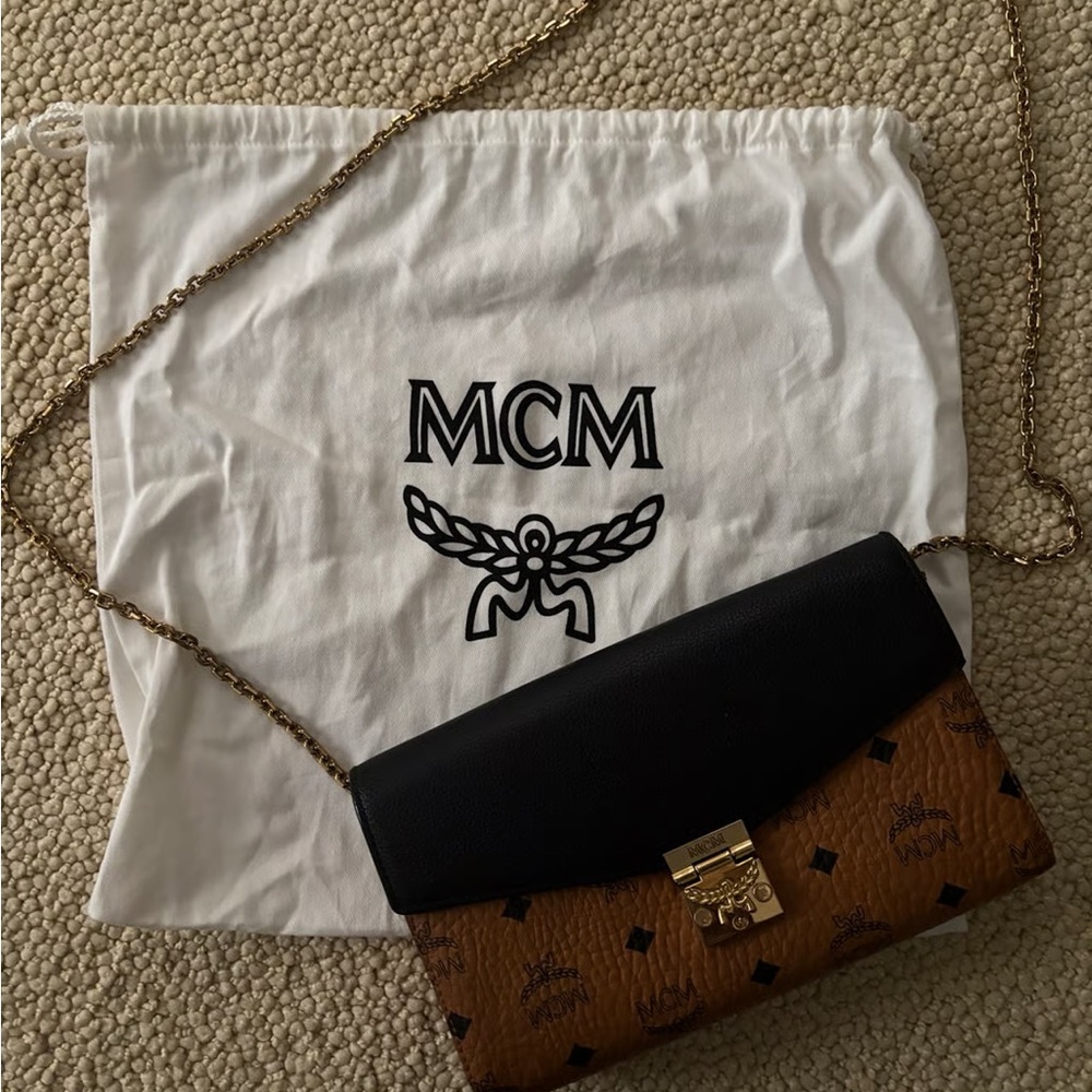 MCM Black and Brown Clutch with Gold Chain